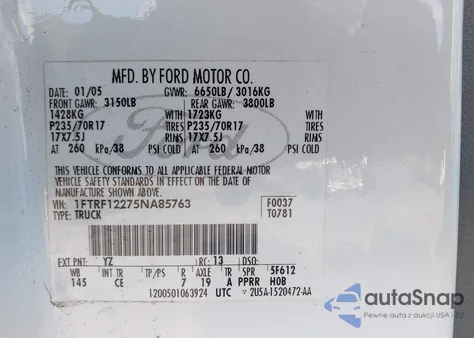 2005 Ford F150 Stx/Xl/Xlt из США, поврежденный, VIN 01FTRF12275NA8576